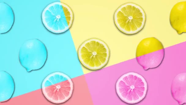 Abstraktní barevná animace nakrájené citrony a různé pastelové rotační backgroun - Záběry, video