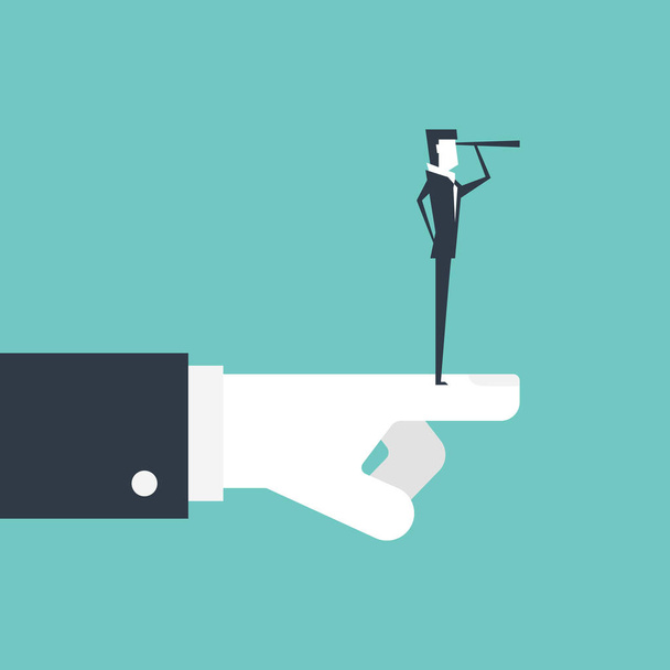 Businessman with telescope searching for opportunities and Boss hand pointing the best direction. - Vector, Image