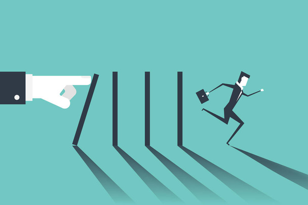 Businessman running away from domino that falling by boss hand. Domino effect and business crisis concept. - Vector, Image