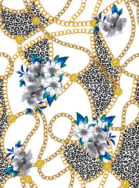 nahtloses Kettenmuster mit Blumen und schwarzem Leopardenfell, Aufnäher für Druck, Stoff, Textildesign auf weißem Hintergrund. - Foto, Bild