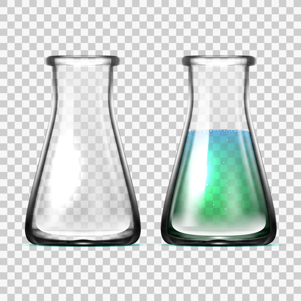 Realistic Glass Laboratory Equipment. Flasks Or Beakers - Vetor, Imagem
