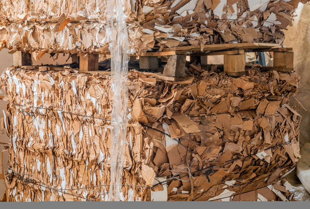 Pile of pressed corrugated cardboards ready for recycling - Photo, Image