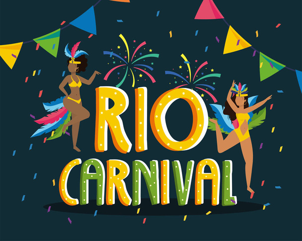 bailarina de chicas con disfraces y fuegos artificiales a rio carnaval
 - Vector, imagen