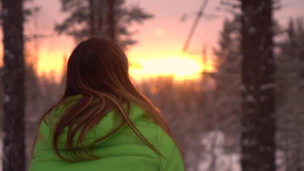 Lassú mozgás közelről DOF: fiatal vidám nő dobott hópelyhek arany naplemente. Játékos lány játszó hó fenyőerdőben a napsütéses téli estén. Nő dob hópelyhek levegőben napfelkeltekor - Felvétel, videó