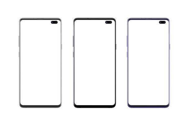 Isolated silver, black and purple color modern smart phones. Camera built into the display. Mockup. - Photo, Image