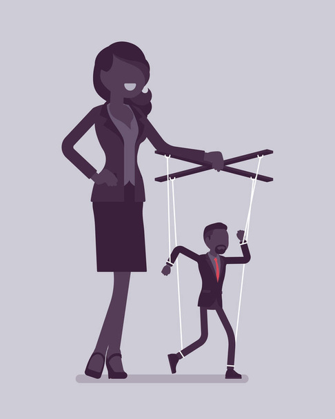 Marionette businessman manipulated and controlled by female puppeteer - Vector, Image