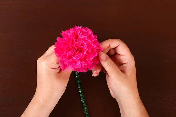Diy May 9th carnations from crepe paper, wire and napkins. Gift idea, decor 9 May. - Zdjęcie, obraz