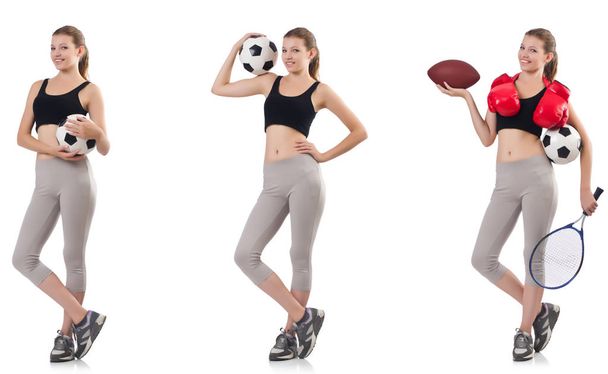 Futbol, ragbi topu, boks eldiveni ve tenis oynayan genç bir kadın.  - Fotoğraf, Görsel