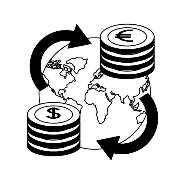 üzleti világ stack érmék dollár euró deviza - Vektor, kép