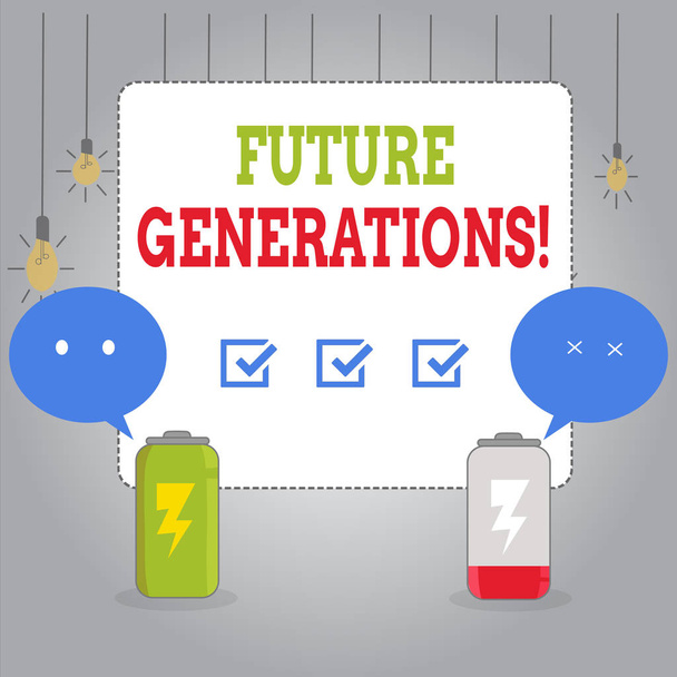 Writing note showing Future Generations. Business photo showcasing generations to come after the currently living generation Fully Charge and Discharge Battery with Emoji Speech Bubble. - Photo, Image