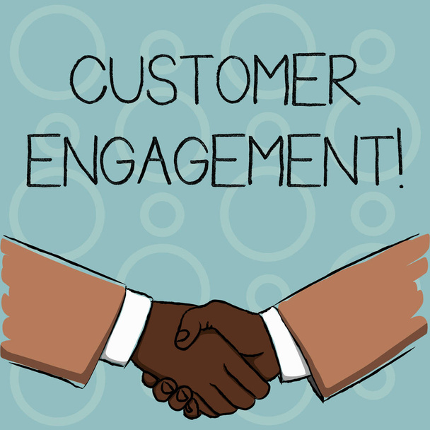 顧客エンゲージメントを示すメモを書く。顧客とブランドの間の感情的なつながりを紹介するビジネス写真ビジネスマン挨拶と契約の形を握手. - 写真・画像