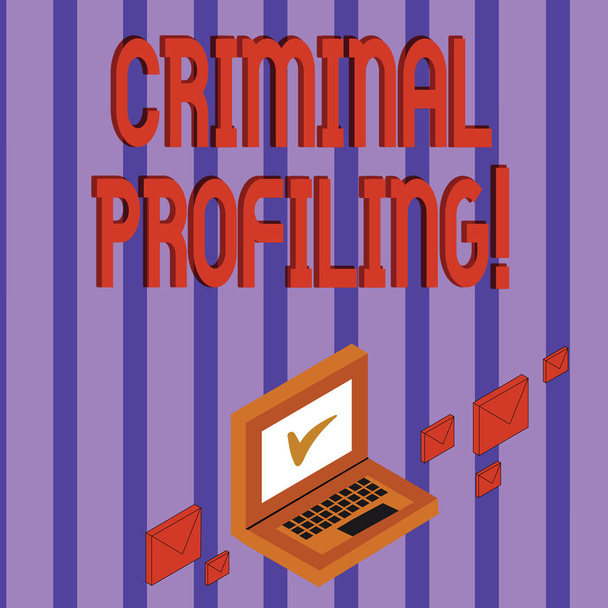 Szóírás szöveg bűnügyi profilalkotás. Üzleti koncepció olyan bűnözők profiljának kialakításához, akik még nem fogták el a Color Mail borítékokat a Laptop körül a Check Mark ikonnal a Monitor képernyőn. - Fotó, kép