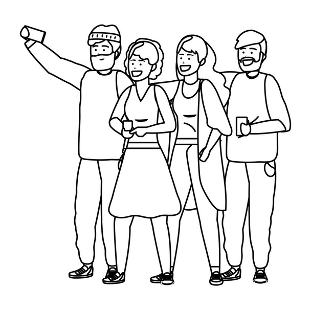 Χιλιετία ομάδα λήψη selfie μαύρο και άσπρο - Διάνυσμα, εικόνα