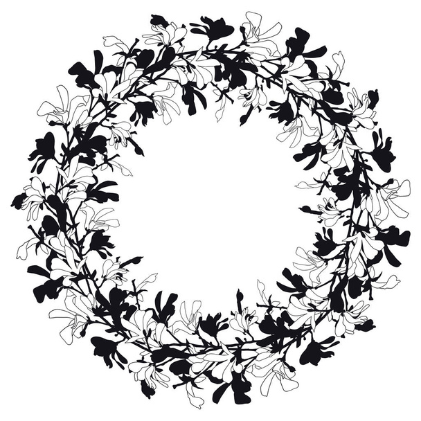 Floral frame with magnolia tree blossom in black and white. Background with branch and magnolia flower. Spring wreath design with floral elements. Hand drawn botanical illustration. - ベクター画像