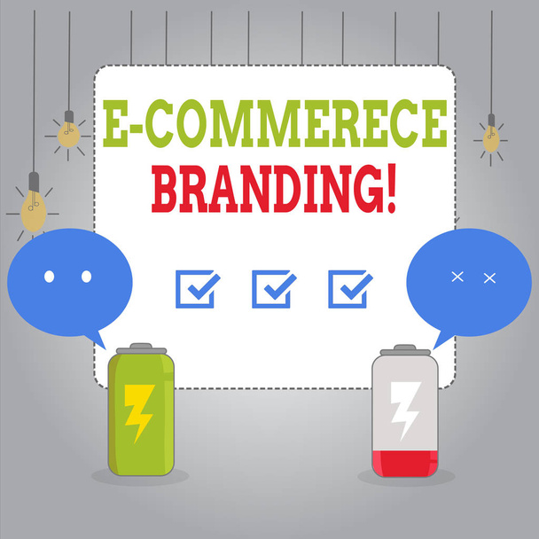 Writing note showing E Commerce Branding. Business photo showcasing establish an image of your company in ycustomers eyes Fully Charge and Discharge Battery with Emoji Speech Bubble. - Photo, Image