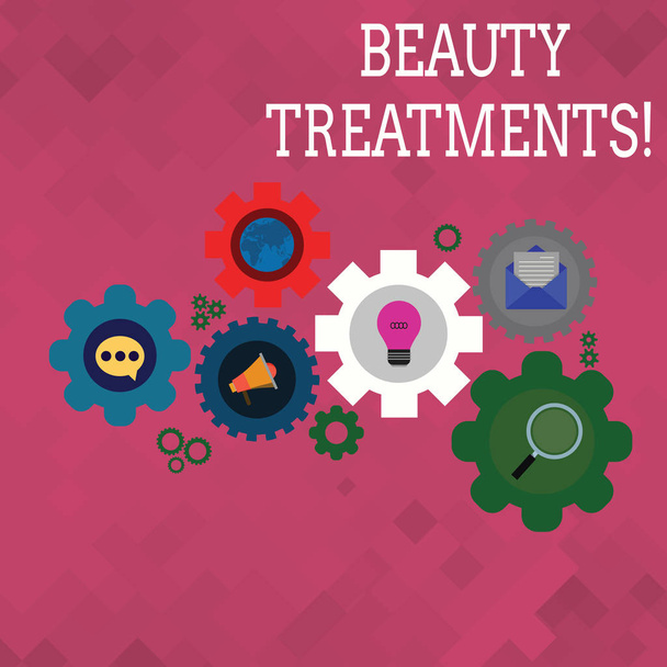 Πινακίδα κειμένου που δείχνει θεραπείες ομορφιάς. Εννοιολογική χρήση κάποιας μορφής θεραπείας για τη βελτίωση του ατόμου s είναι ομορφιά σύνολο των παγκόσμιων online εικονίδια κοινωνικής δικτύωσης μέσα πολύχρωμο γρανάζι γρανάζι. - Φωτογραφία, εικόνα