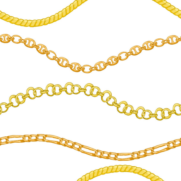 Seamless pattern with retro hand-drawn sketch golden chain on white background. Drawing engraving texture. Great design for fashion, textile, decorative frame, yacht style card - Vector, Image
