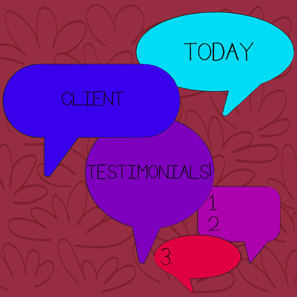Handwriting text Client Testimonials. Concept meaning Written recommendation from a satisfied customer Many Color Speech Bubble in Different Sizes and Shade for Group Discussion. - Photo, Image