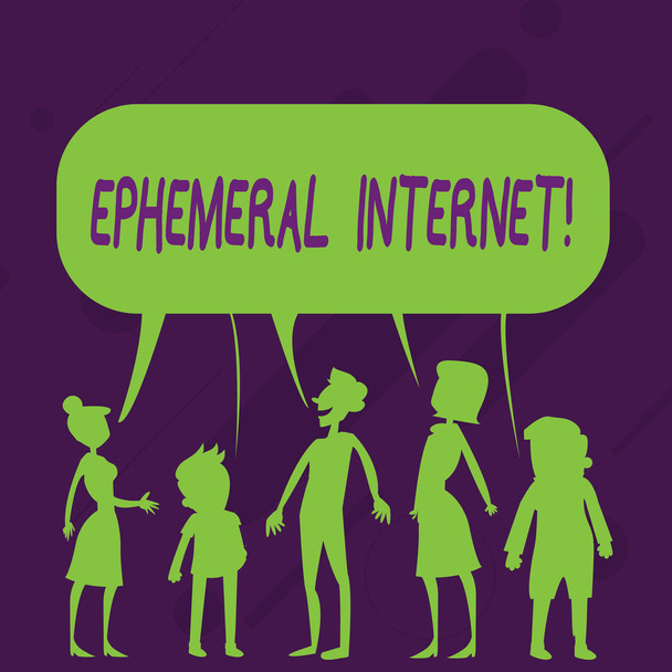 Word writing text Ephemeral Internet. Business concept for Temporary access to digital wireless connection Silhouette Figure of People Talking and Sharing One Colorful Speech Bubble. - Photo, Image