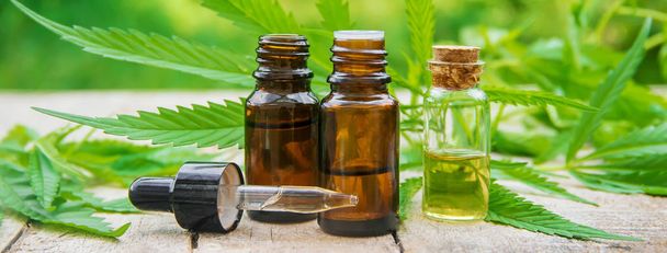 Cannabis gyógynövény és levelek kezelés erőleves, tinktúra, kivonat, olaj. Szelektív fókusz. - Fotó, kép