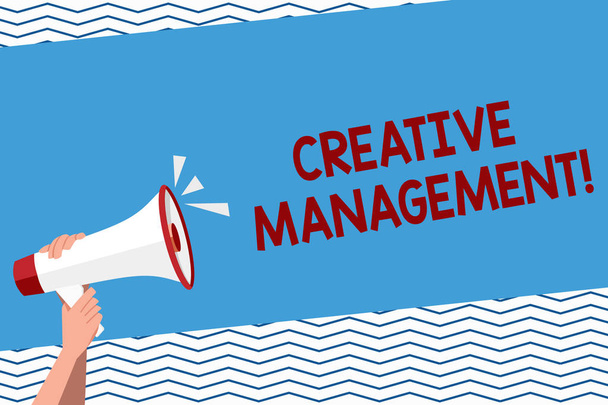 Conceptual hand writing showing Creative Management. Business photo text Managing of creative thinking skills and mental process Human Hand Holding Megaphone with Sound Icon and Text Space. - Photo, Image