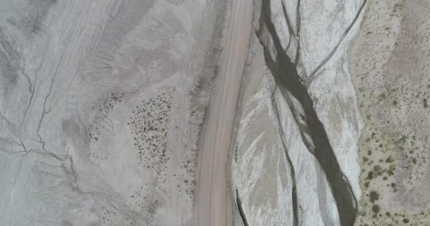 Aerial top scene flying along a desertic valley with meandric dry rivers, off road track and abstract textures, patterns. Coranzuli, Salta, Argentima - 映像、動画