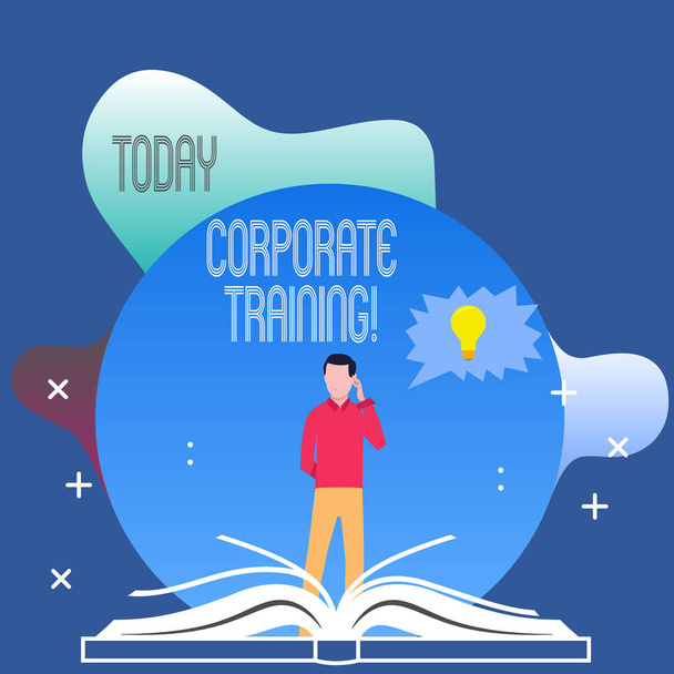Conceptual hand writing showing Corporate Training. Business photo text improving the employees perforanalysisce morale and skills Man Standing Behind Open Book Jagged Speech Bubble with Bulb. - Photo, Image