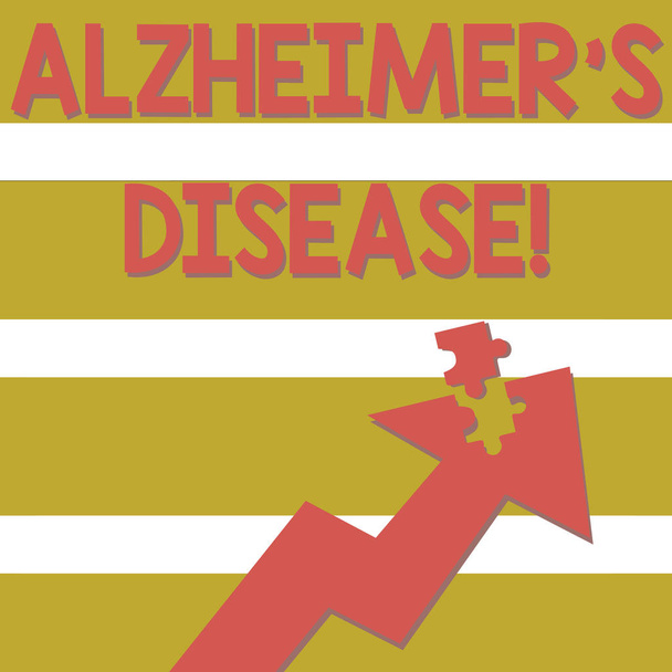Text rukopisu Alzheimer S je nemoc. Koncepce znamená pokročilé duševní zhoršení, které se vyskytuje ve stáří barevná šipka směřující nahoru s odpojenou částí jako skládačka skládačky. - Fotografie, Obrázek