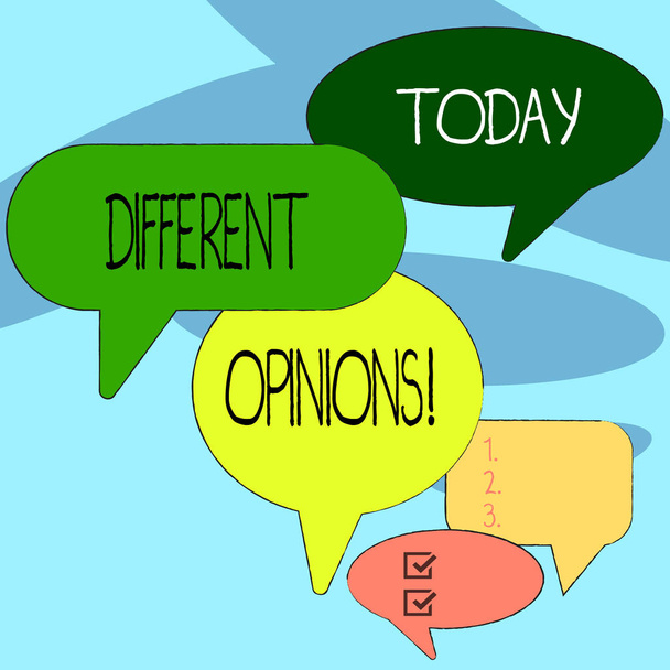 Handwriting text writing Different Opinions. Concept meaning a conflict of opposed ideas or attitudes or goals Many Color Speech Bubble in Different Sizes and Shade for Group Discussion. - Zdjęcie, obraz
