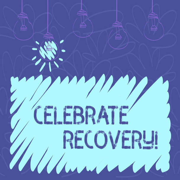 Conceptual hand writing showing Celebrate Recovery. Business photo text recovery program for anyone struggling with hurt or pain Transparent Bulbs Hanging with Filament and One Lighted Icon. - Photo, Image