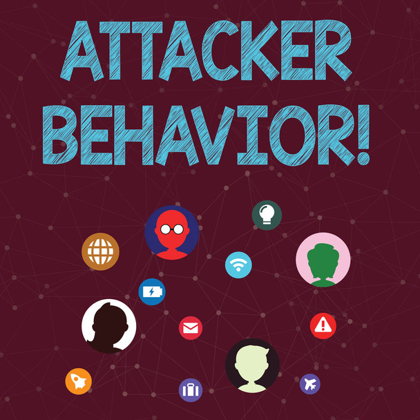 Handwriting text Attacker Behavior. Concept meaning analyze and predict the attacker behavior of the attack Networking Technical Icons with Chat Heads Scattered on Screen for Link Up. - Photo, Image