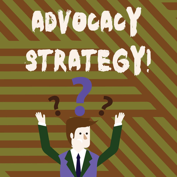 Conceptual hand writing showing Advocacy Strategy. Business photo text activity by an individual that aims to influence decisions Businessman Raising Both Arms with Question Marks Above Head. - Photo, Image