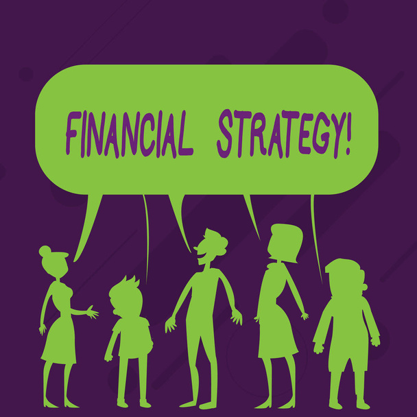 Word writing text Financial Strategy. Business concept for plan to finance its overall operations to meet objectives Silhouette Figure of People Talking and Sharing One Colorful Speech Bubble. - Photo, Image