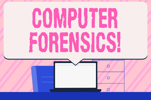 Conceptual hand writing showing Computer Forensics. Business photo text the investigative analysis techniques on computers Speech Bubble Pointing White Laptop Screen in Workspace Idea. - Photo, Image