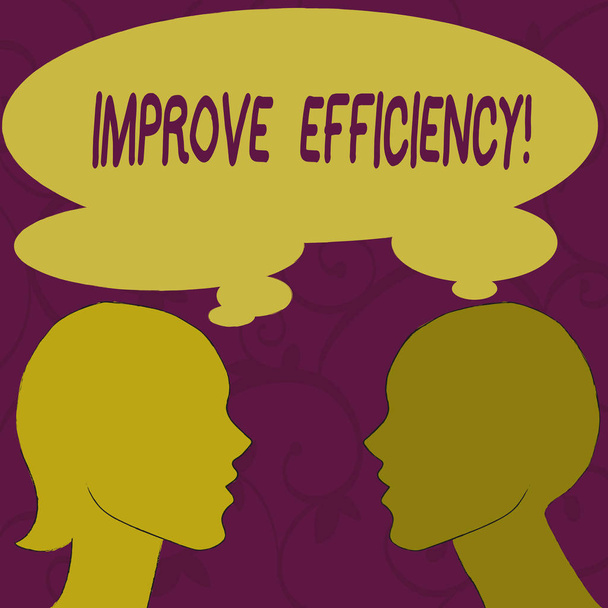 Text sign showing Improve Efficiency. Conceptual photo increase quality of being able to do a task successfully Silhouette Sideview Profile Image of Man and Woman with Shared Thought Bubble. - Photo, Image
