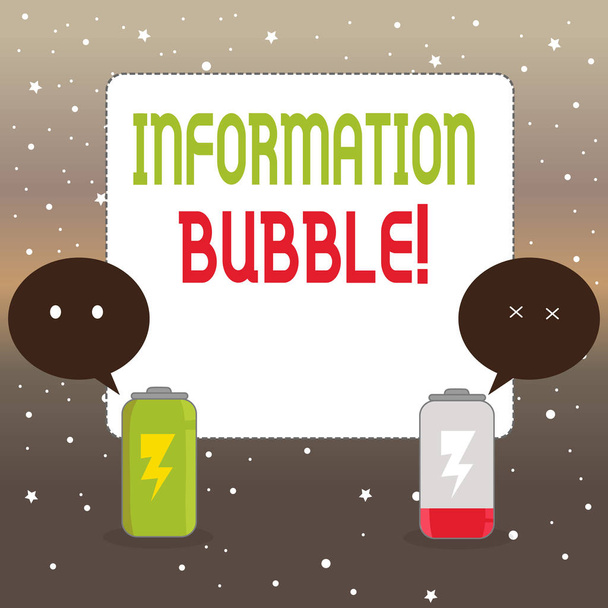 Pismo odręczne tekst informacji Bubble. Pojęcie znaczenie zjawisko, które ogranicza poszczególnych s jest ekspozycja w pełni naładowany i rozładowany akumulator z dwoma kolorowymi emoji Speech Bubble. - Zdjęcie, obraz