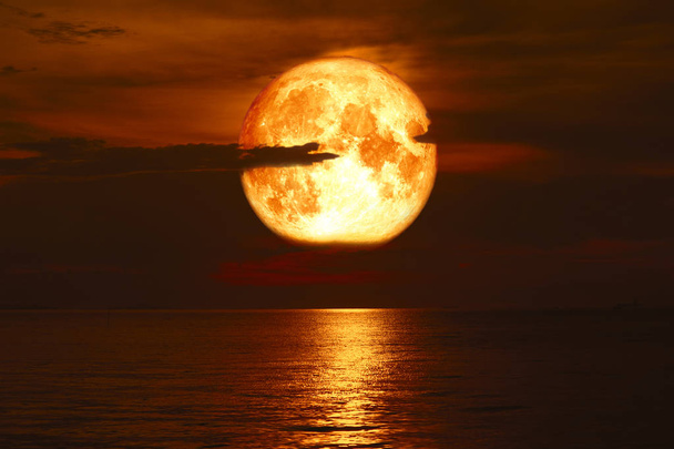 Super rose blood moon back silhouette cloud red sky over sea - Photo, Image