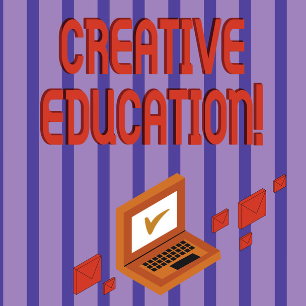 Word writing text Creative Education. Business concept for students able to use imagination and critical thinking Color Mail Envelopes around Laptop with Check Mark icon on Monitor Screen. - Photo, Image