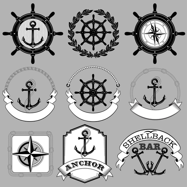 Set di etichette nautiche in bianco e nero. Lettering Anchor, Shellback Bar. Colori bianco e nero
.  - Vettoriali, immagini