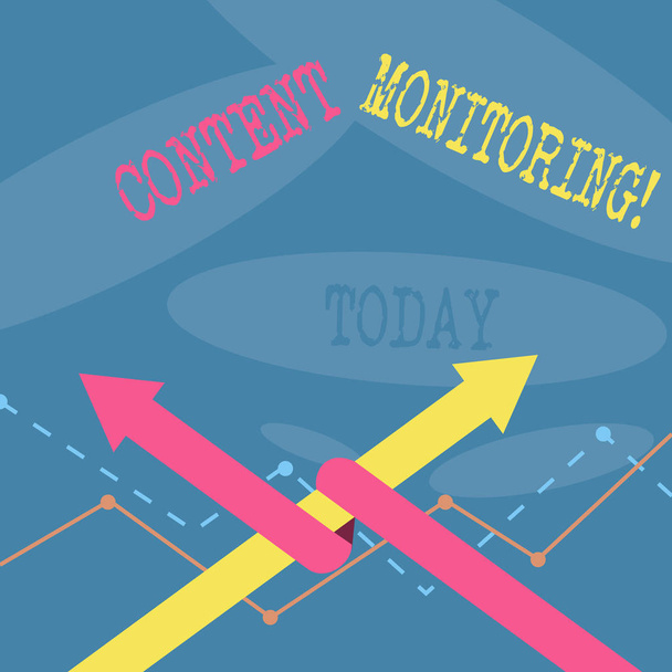 Tekst schrijven Content Monitoring. Business concept voor een tool om te identificeren noemt van hun organisatie Twee pijlen waar de ene is verweven met de andere als Team Up of Competitie. - Foto, afbeelding