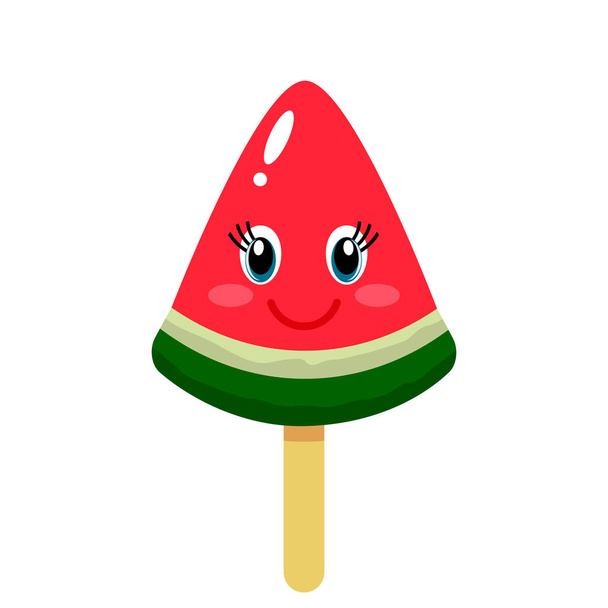 witziger Charakter Wassermeloneneis mit einem Lächeln auf dem Gesicht. flache Vektordarstellung isoliert auf weißem Hintergrund für Web - Vektor, Bild