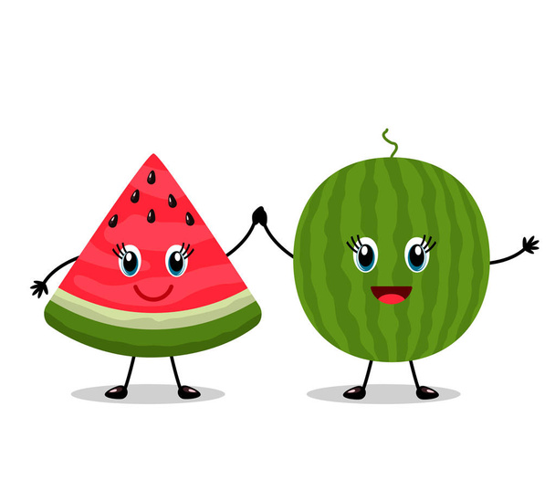 Funny characters best friends red watermelons. Concept of friendship forever in cartoon style. Flat vector illustration isolated on white background - Vector, Image