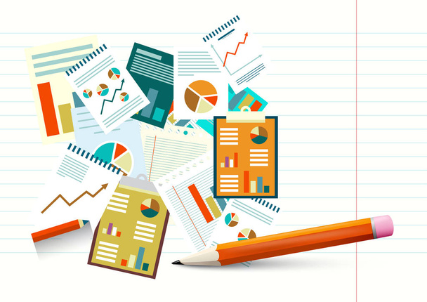 Documents with Business Report Graphs on Paper Background. Paperwork Vector Design with Pencil. - ベクター画像