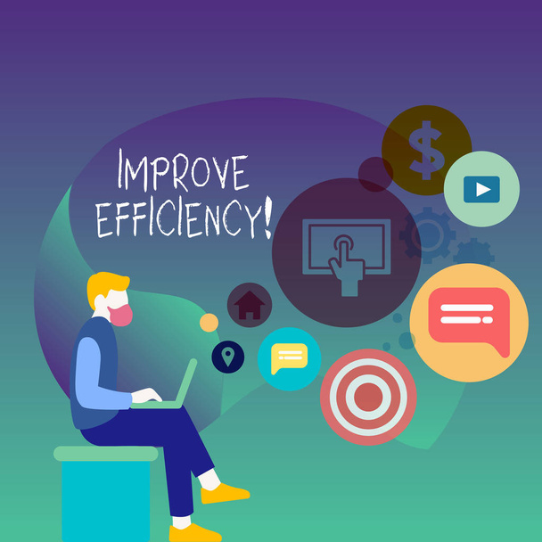 Text sign showing Improve Efficiency. Conceptual photo increase quality of being able to do a task successfully Man Sitting Down with Laptop on his Lap and SEO Driver Icons on Blank Space. - Photo, Image