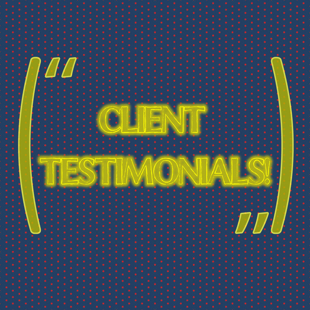 Writing note showing Client Testimonials. Business photo showcasing Written recommendation from a satisfied customer Infinite Color Polka Dots Arranged in Columns on Dark Shade Background. - Photo, Image