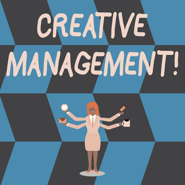 Writing note showing Creative Management. Business photo showcasing Managing of creative thinking skills and mental process Woman with Four Arms Extending Sideways Workers Needed Item. - Photo, Image