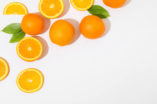 Flat lay composition with oranges and space for text on white ba - Photo, Image