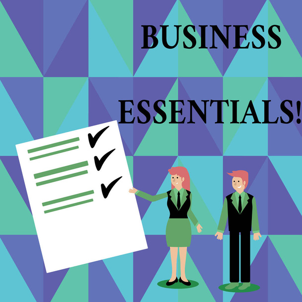 A Business Essentials programcsomagot bemutató szöveges jel. Fogalmi fotó fontos kulcsfontosságú ötletek, hogy javítsa az üzleti készségek férfi és nő a Business suit bemutató jelentése Check és Lines papíron. - Fotó, kép