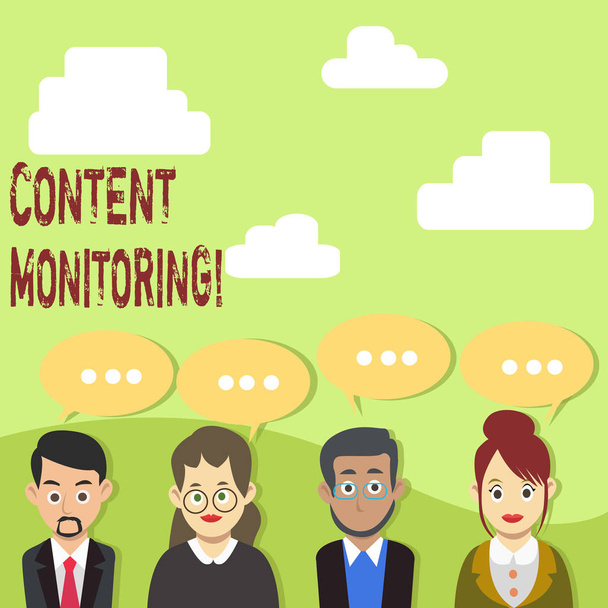 Handwriting text Content Monitoring. Concept meaning a tool to identify mentions of their organization Group of Business People with Blank Color Chat Speech Bubble with Three Dots. - Photo, Image