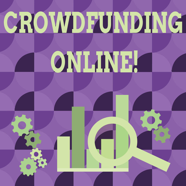 Crowdfunding Online gösteren kavramsal el yazısı. İş fotoğraf metin Analiz için Cog Wheel Gear yanında Grafik Üzerinde Büyüteç Gösteren Analiz küçük miktarlarda para toplama. - Fotoğraf, Görsel